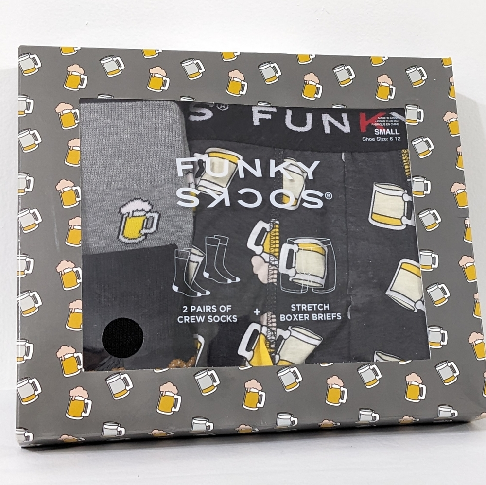 Men's  2 Pairs Of Funky Crew Socks & Stretchy Boxer Briefs Gift Set, Size Small